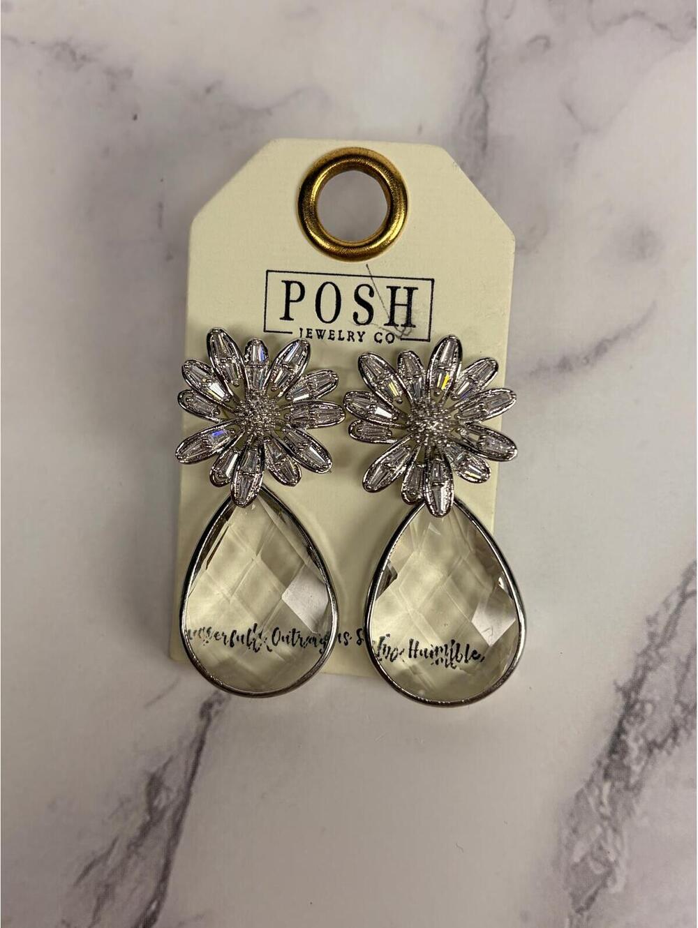Posh‎ Jewelry Co Silver Crystal Flower Teardrop Earrings Statement Glam